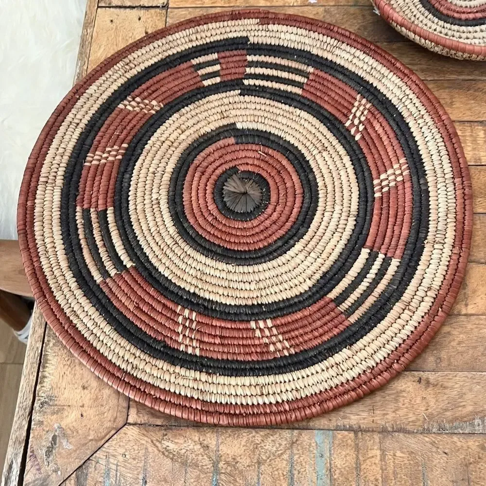 Set Of 3 African Fulani Mbeedu Rounded Flat Bowl Woven Baskets Boho